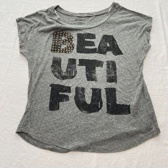 Gray Graphic Tee Beautiful Sequin Lettering Short Sleeve Casual Top Sz L - Picture 1 of 5